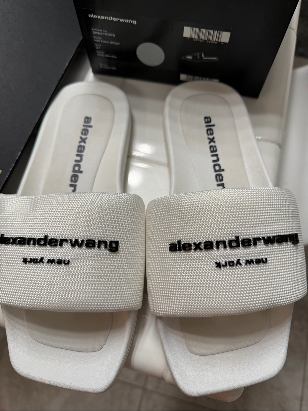 Alexander Wang White Slide Sandals with Black Logo